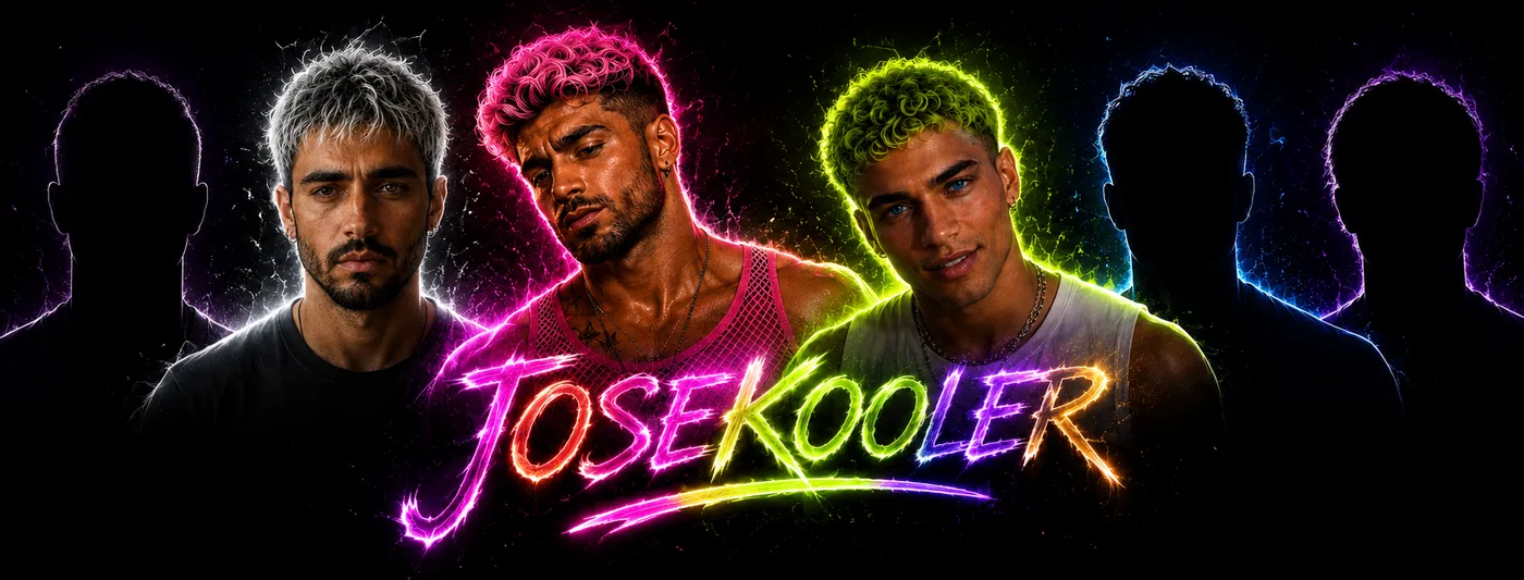 Los personajes de Nuevos Sabores sobre fondo negro: tres retratos iluminados con auras de neon y tres siluetas todavia sin revelar, con el logo de JoseKooler en el centro.