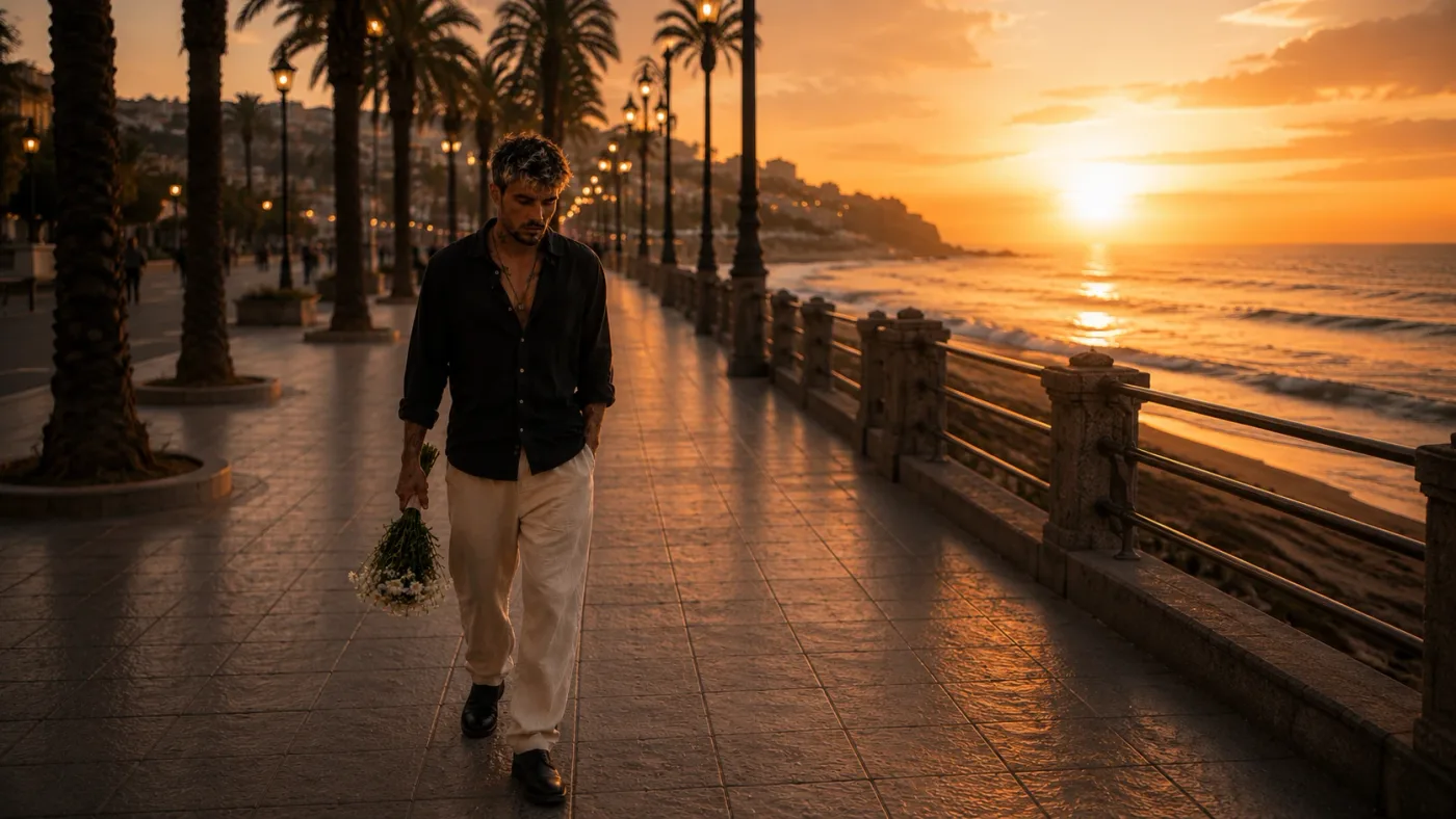 Jano camina por el paseo marítimo al atardecer con un ramo de flores.