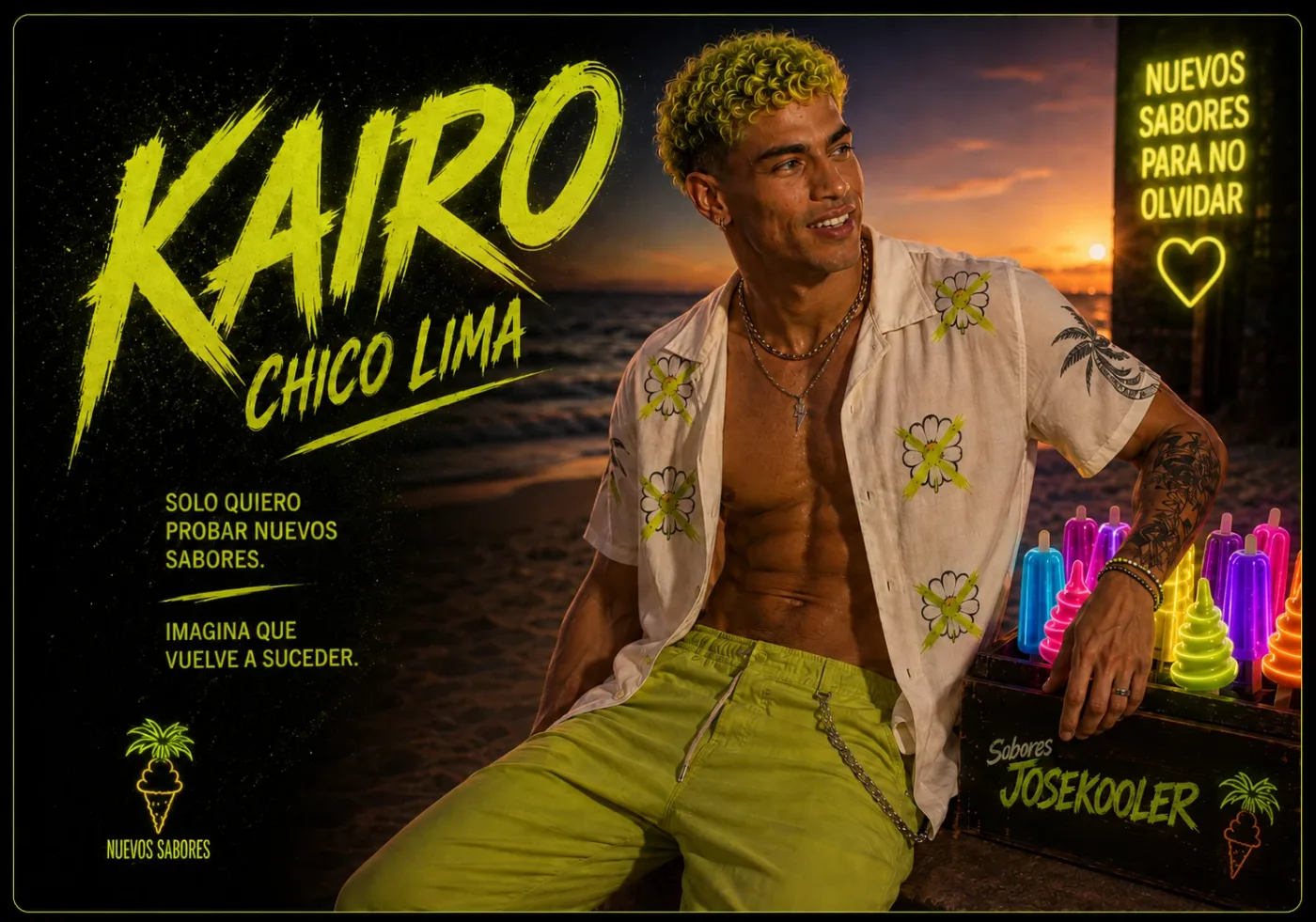 Kairo sonríe junto a helados de neón en una playa al atardecer.