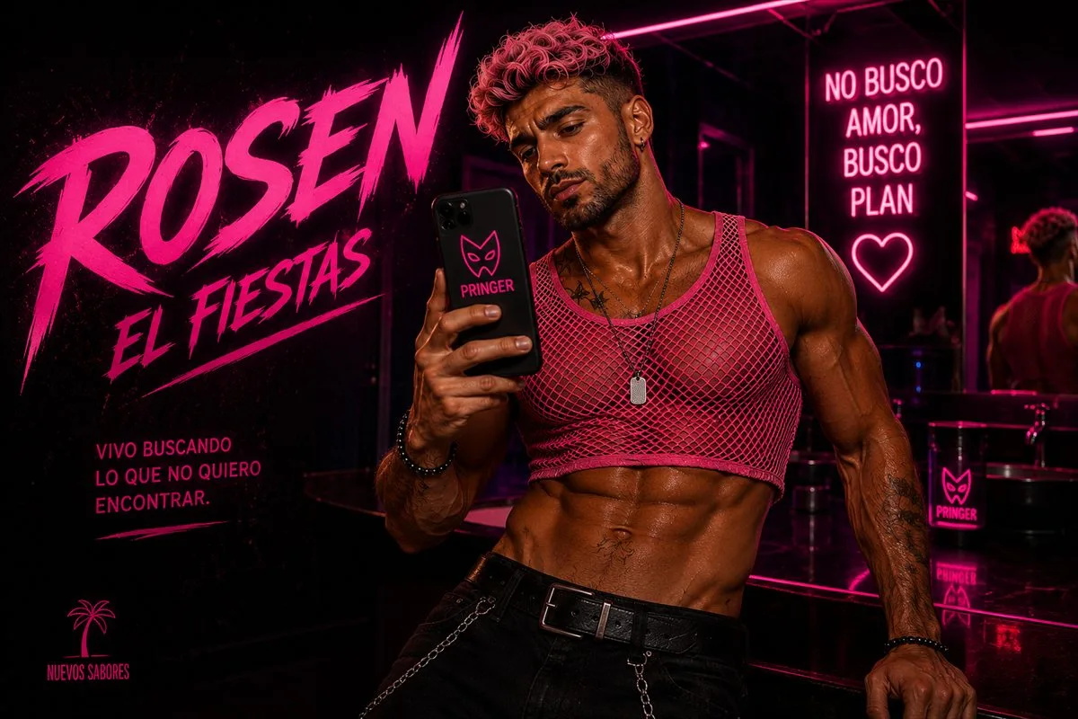 Rosen mirando su móvil bajo luces de neón rosa.